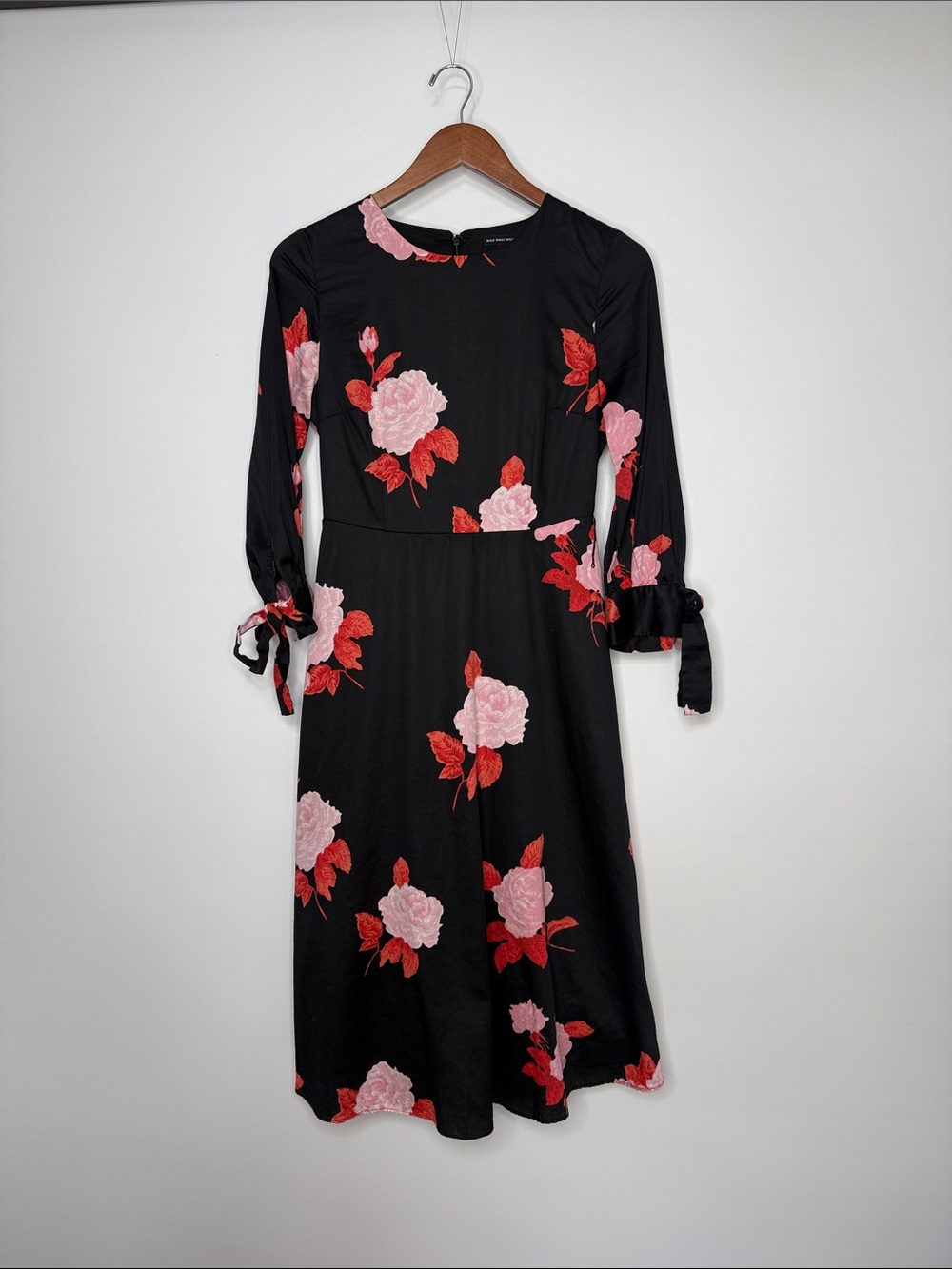 Who What Wear Black Floral Midi Dress with Pink & Red Blooms XS